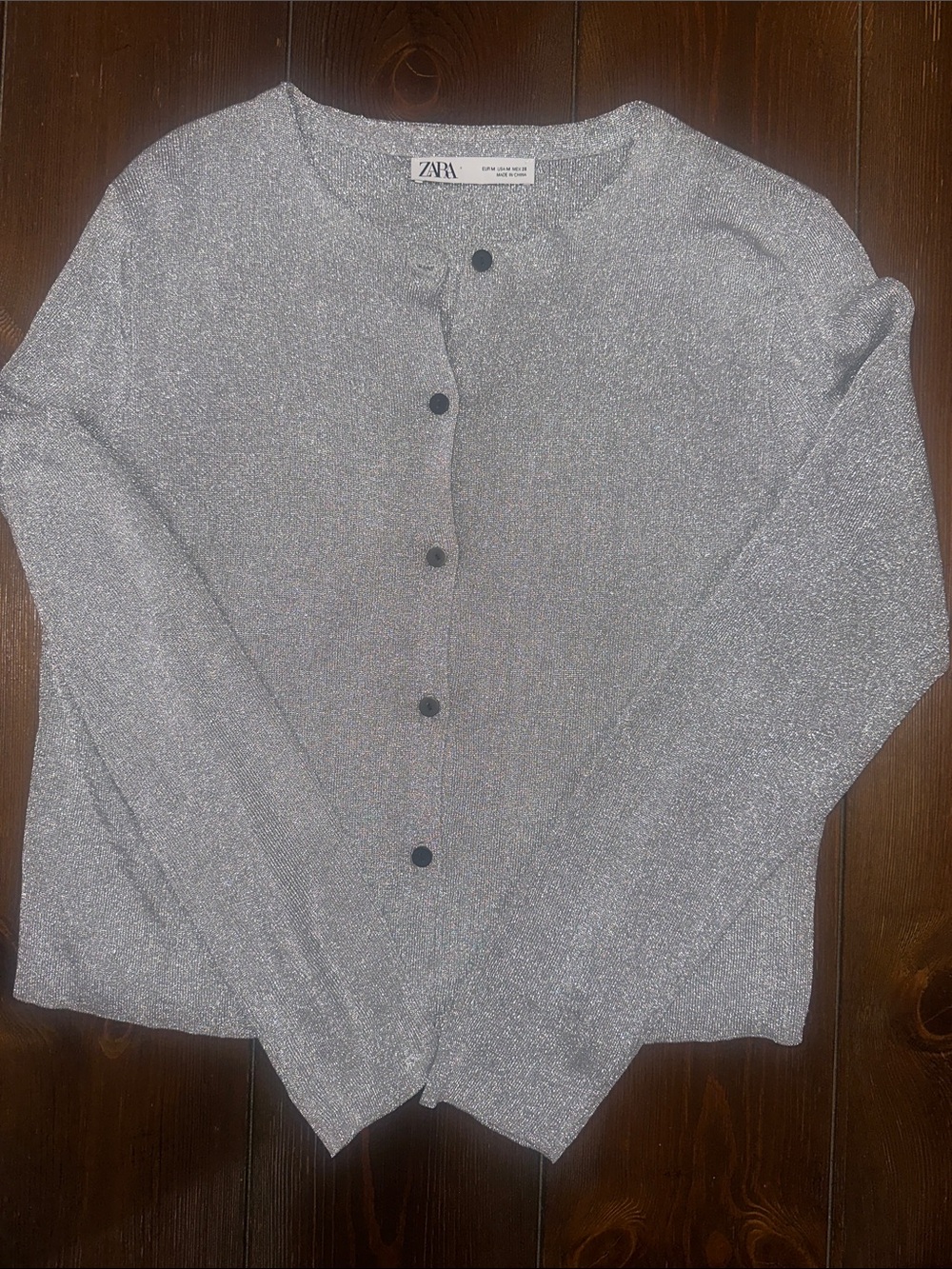 Zara Silver Metallic Crewneck Cardigan
